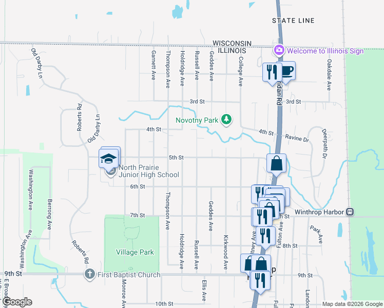 map of restaurants, bars, coffee shops, grocery stores, and more near 2300 Geddes Avenue in Winthrop Harbor