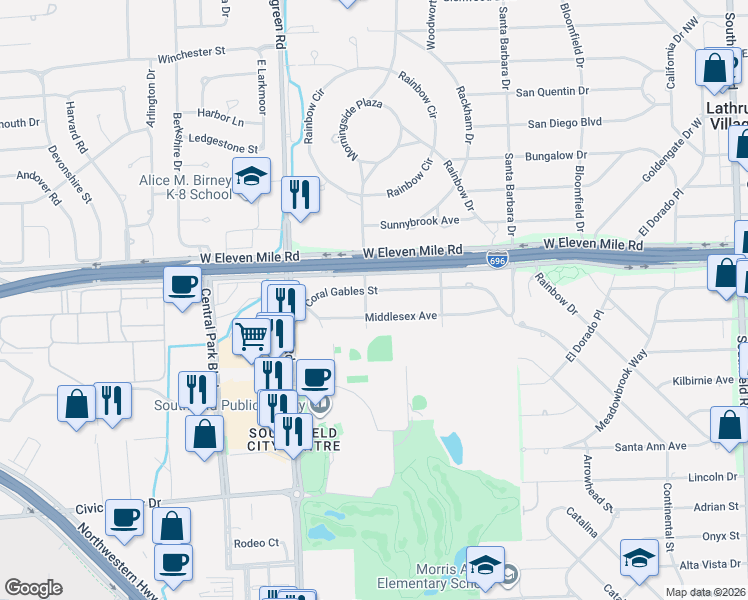 map of restaurants, bars, coffee shops, grocery stores, and more near 19454 Red River Drive in Southfield