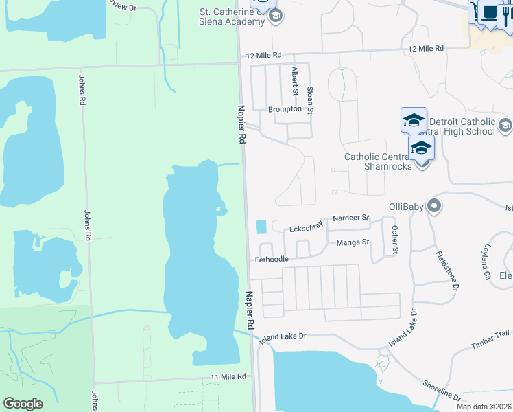 map of restaurants, bars, coffee shops, grocery stores, and more near 27000-27012 Napier Road in Novi