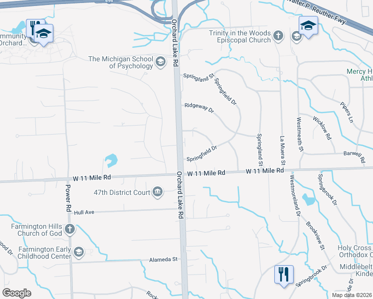 map of restaurants, bars, coffee shops, grocery stores, and more near 26150 Orchard Lake Road in Farmington Hills
