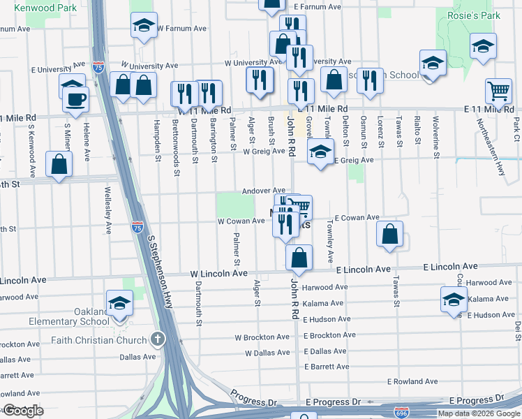 map of restaurants, bars, coffee shops, grocery stores, and more near 26312 Alger Street in Madison Heights