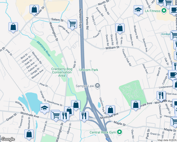 map of restaurants, bars, coffee shops, grocery stores, and more near 600 Unicorn Park Drive in Woburn