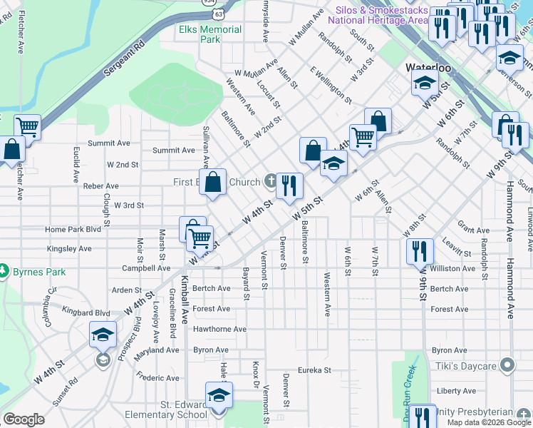 map of restaurants, bars, coffee shops, grocery stores, and more near 518-522 Denver Street in Waterloo