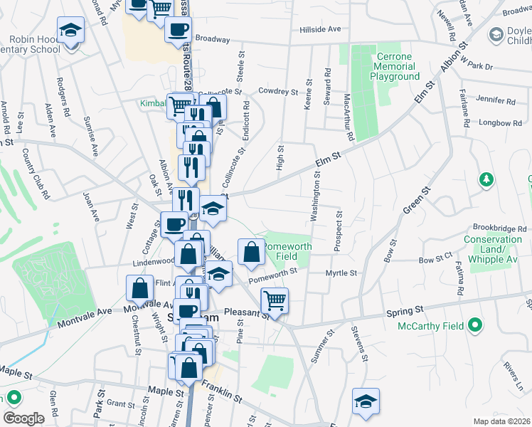 map of restaurants, bars, coffee shops, grocery stores, and more near 19 Tremont Street in Stoneham