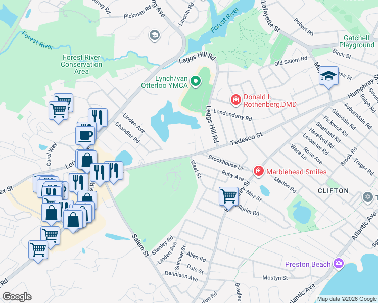 map of restaurants, bars, coffee shops, grocery stores, and more near 132 Tedesco Street in Marblehead