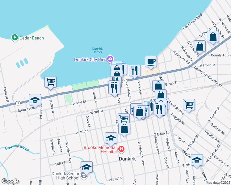map of restaurants, bars, coffee shops, grocery stores, and more near 202 Central Avenue in Dunkirk