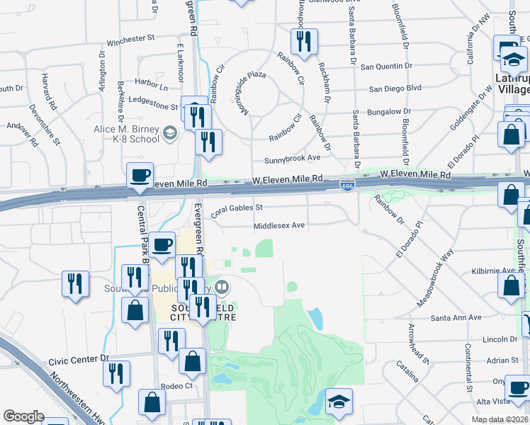map of restaurants, bars, coffee shops, grocery stores, and more near 19406 Middlesex Avenue in Southfield