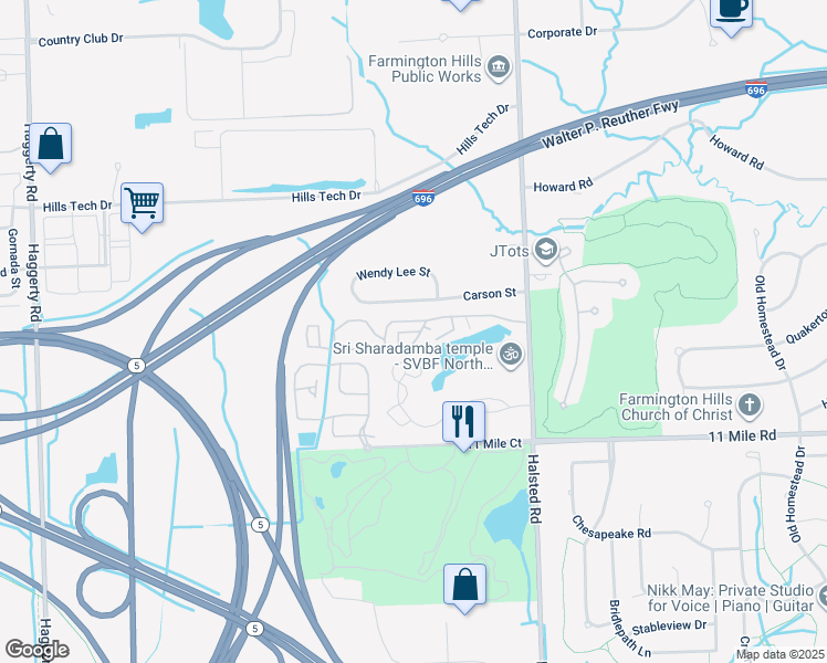map of restaurants, bars, coffee shops, grocery stores, and more near 133 Fox Pointe Townhouses in Farmington Hills