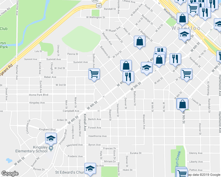 map of restaurants, bars, coffee shops, grocery stores, and more near 1325 West 4th Street in Waterloo