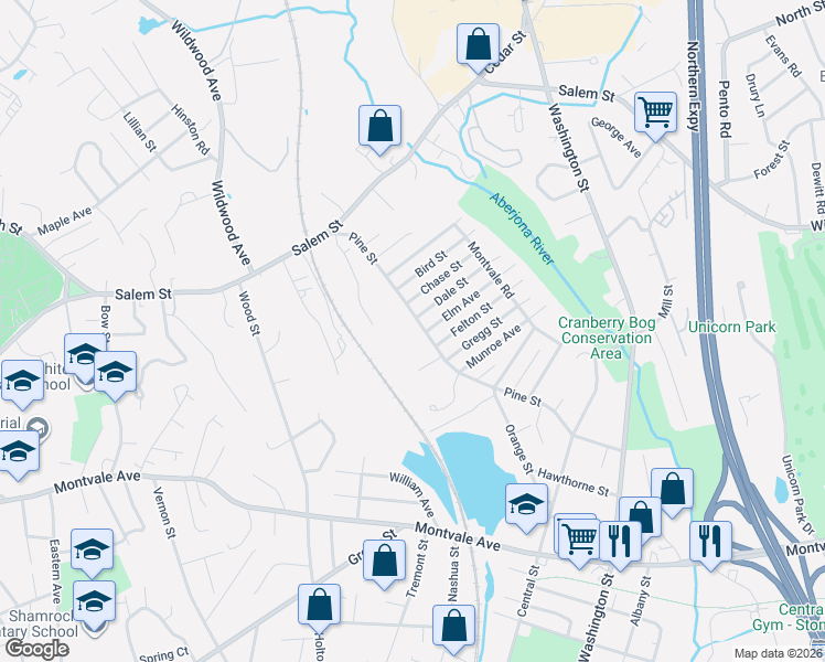map of restaurants, bars, coffee shops, grocery stores, and more near 65 Pine Street in Woburn