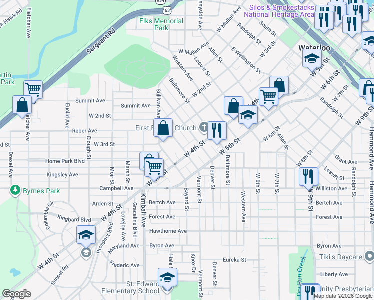 map of restaurants, bars, coffee shops, grocery stores, and more near 1325 West 4th Street in Waterloo