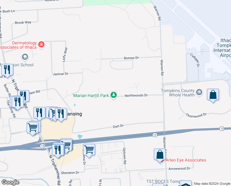 map of restaurants, bars, coffee shops, grocery stores, and more near 11 Yardley Green in Ithaca