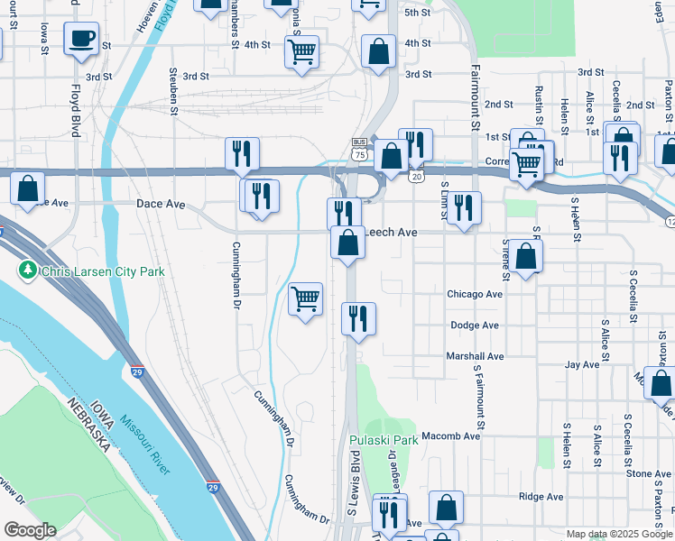 map of restaurants, bars, coffee shops, grocery stores, and more near 415-521 U.S. 75 Business in Sioux City