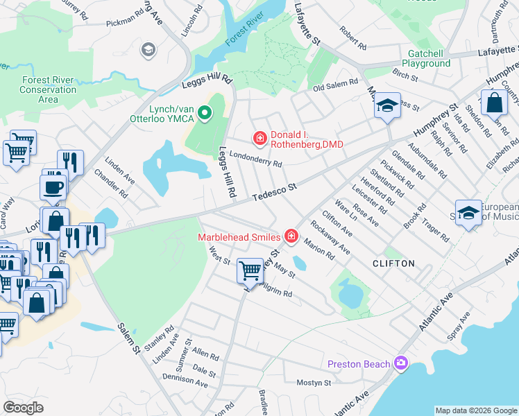 map of restaurants, bars, coffee shops, grocery stores, and more near 21 Brookhouse Drive in Marblehead