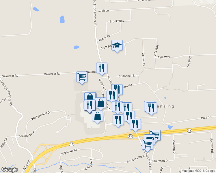 map of restaurants, bars, coffee shops, grocery stores, and more near 11 Graham Rd W in Ithaca