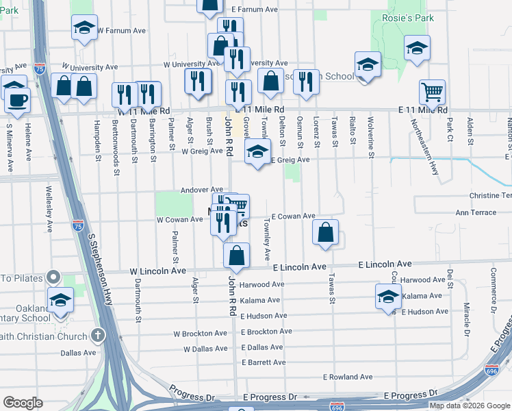 map of restaurants, bars, coffee shops, grocery stores, and more near 26305 Townley Street in Madison Heights