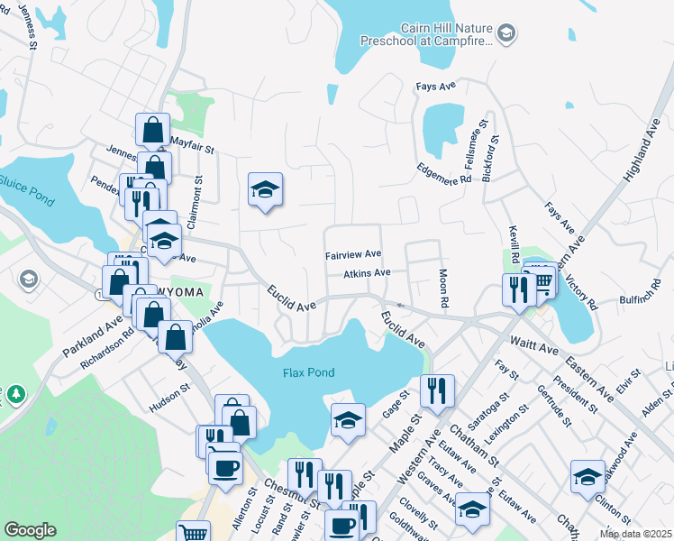 map of restaurants, bars, coffee shops, grocery stores, and more near 17 Atkins Avenue in Lynn