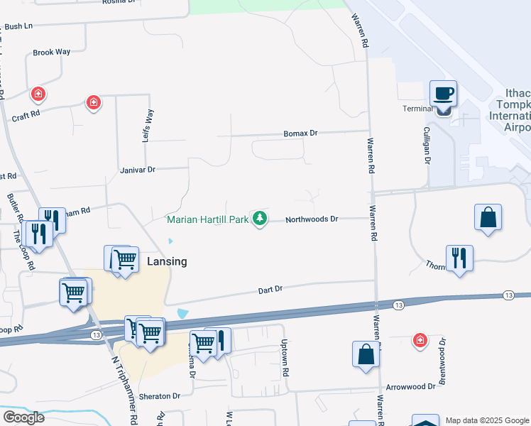 map of restaurants, bars, coffee shops, grocery stores, and more near Northwoods Drive in Ithaca