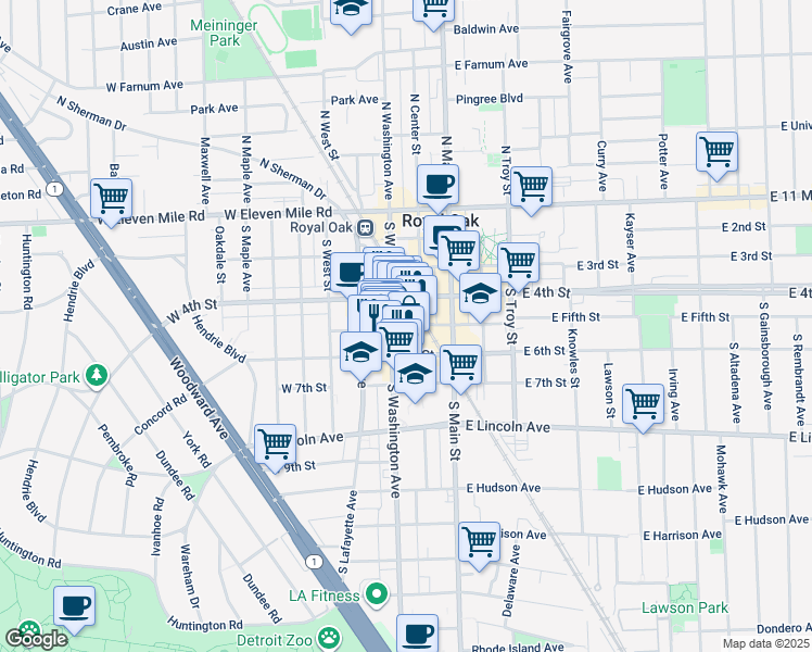 map of restaurants, bars, coffee shops, grocery stores, and more near 511 South Washington Avenue in Royal Oak