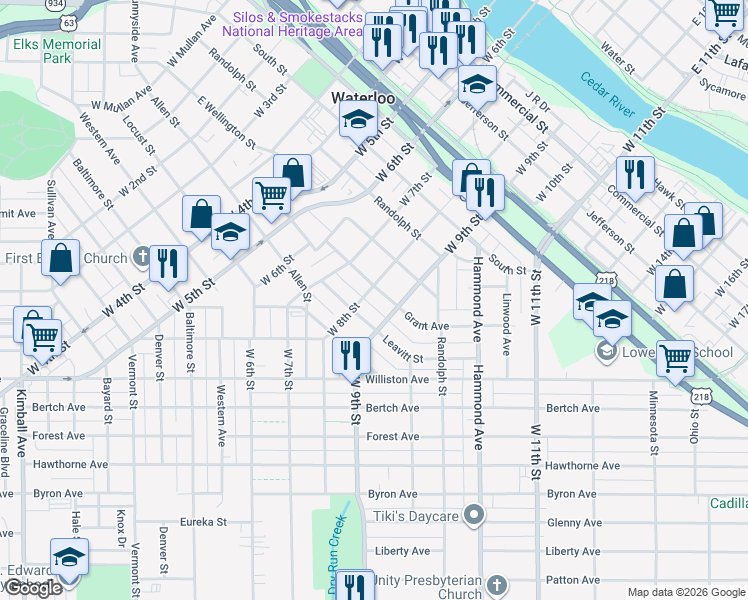 map of restaurants, bars, coffee shops, grocery stores, and more near 1026 Grant Avenue in Waterloo