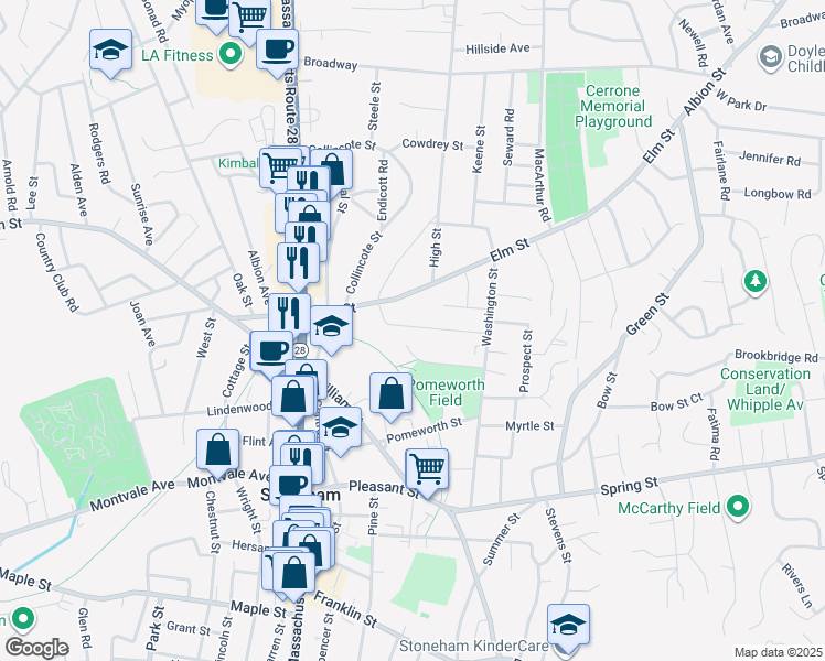 map of restaurants, bars, coffee shops, grocery stores, and more near 19 Tremont Street in Stoneham