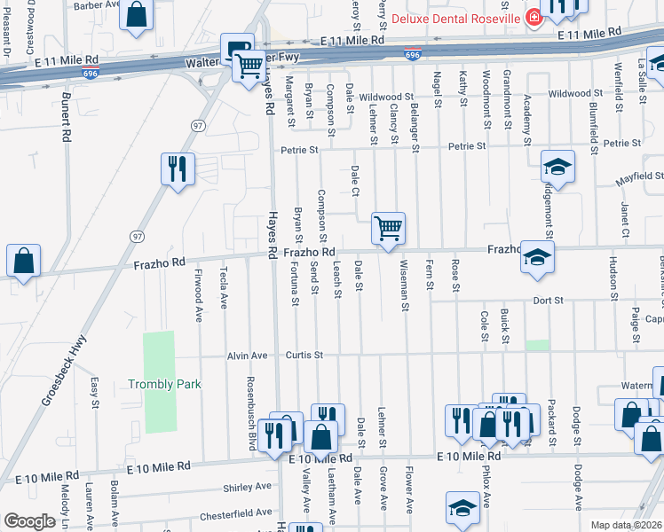 map of restaurants, bars, coffee shops, grocery stores, and more near 25893 Leach Street in Roseville