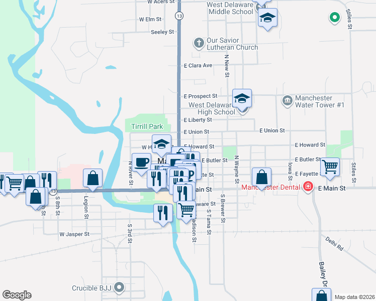 map of restaurants, bars, coffee shops, grocery stores, and more near 301-351 N Madison St in Manchester