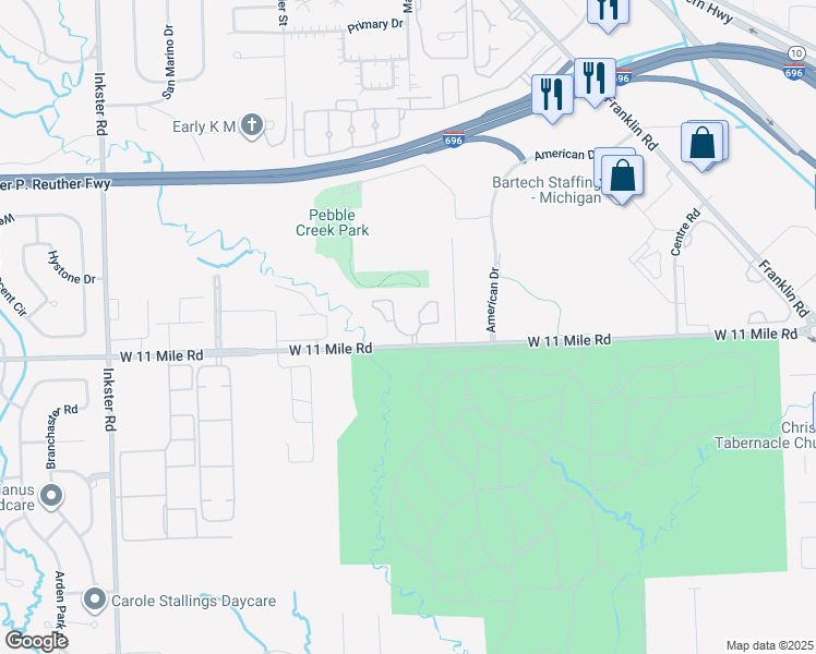 map of restaurants, bars, coffee shops, grocery stores, and more near 26601 West Carnegie Park Drive in Southfield