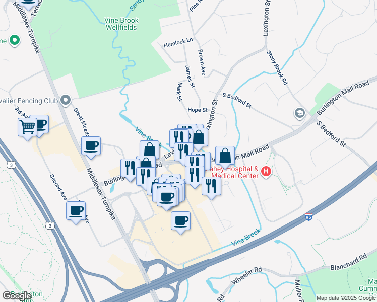 map of restaurants, bars, coffee shops, grocery stores, and more near 80 Burlington Mall Road in Burlington