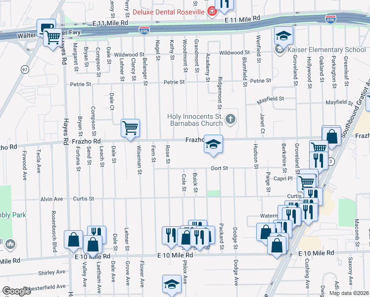 map of restaurants, bars, coffee shops, grocery stores, and more near 15880 Frazho Road in Roseville