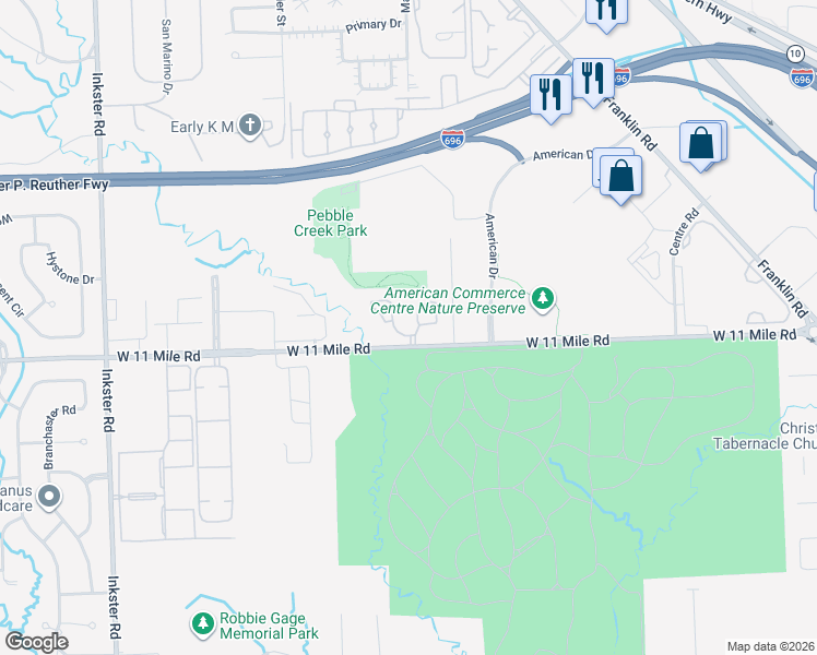 map of restaurants, bars, coffee shops, grocery stores, and more near 26601 West Carnegie Park Drive in Southfield