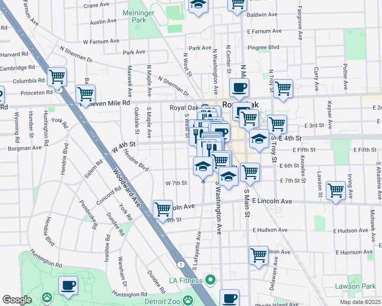 map of restaurants, bars, coffee shops, grocery stores, and more near 511 South Laurel Street in Royal Oak