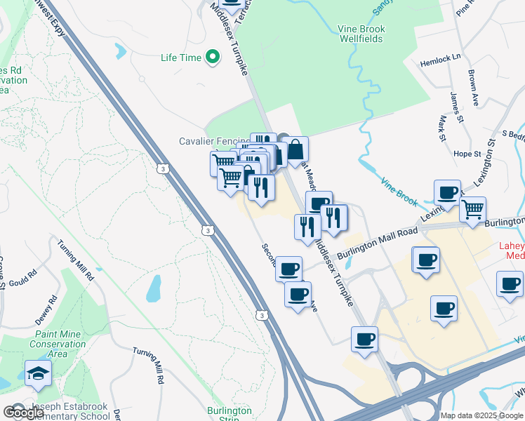 map of restaurants, bars, coffee shops, grocery stores, and more near 52 Second Avenue in Burlington