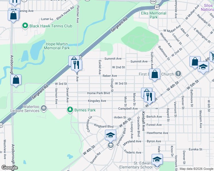 map of restaurants, bars, coffee shops, grocery stores, and more near 512 Home Park Boulevard in Waterloo