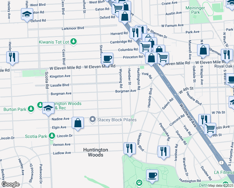map of restaurants, bars, coffee shops, grocery stores, and more near 10054 Talbot Avenue in Huntington Woods