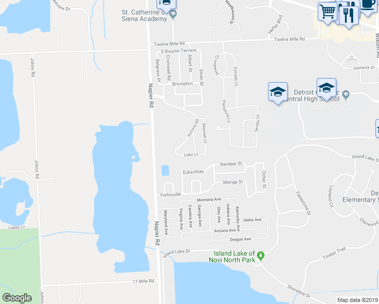 map of restaurants, bars, coffee shops, grocery stores, and more near 51188 Luke Lane in Novi