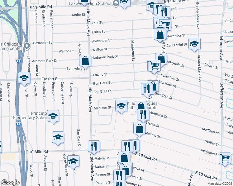 map of restaurants, bars, coffee shops, grocery stores, and more near 21007 Lakeland Street in St. Clair Shores