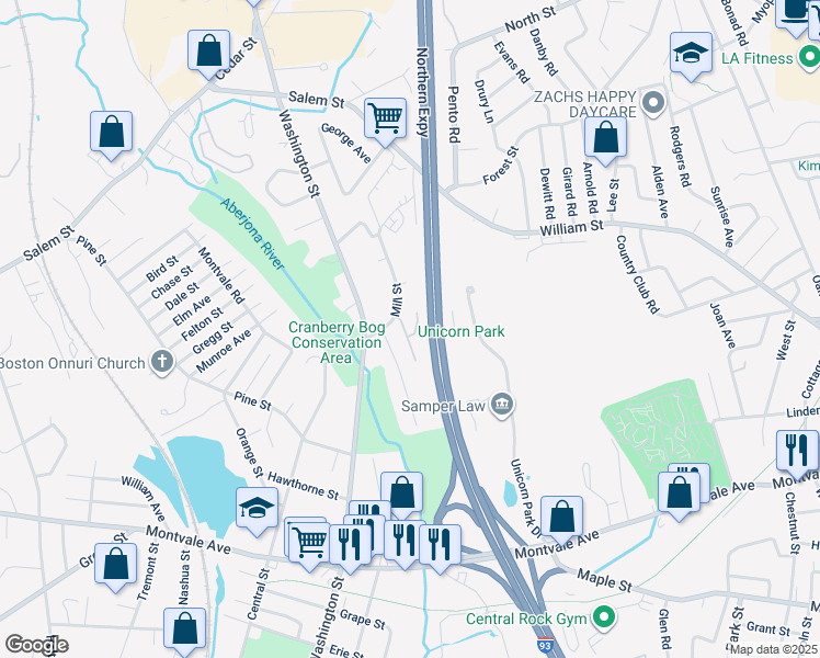 map of restaurants, bars, coffee shops, grocery stores, and more near 3 Albert Drive in Woburn