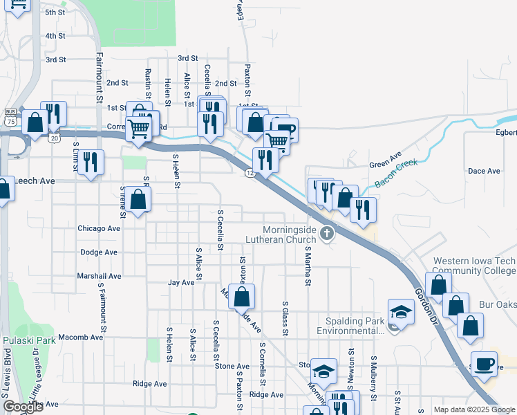 map of restaurants, bars, coffee shops, grocery stores, and more near 501 South Cornelia Street in Sioux City