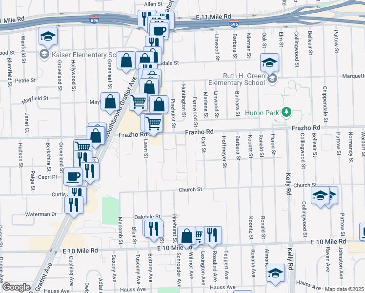 map of restaurants, bars, coffee shops, grocery stores, and more near 25743 Salem Street in Roseville