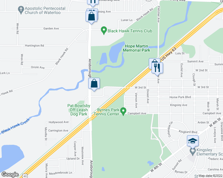 map of restaurants, bars, coffee shops, grocery stores, and more near 2557 West 3rd Street in Waterloo