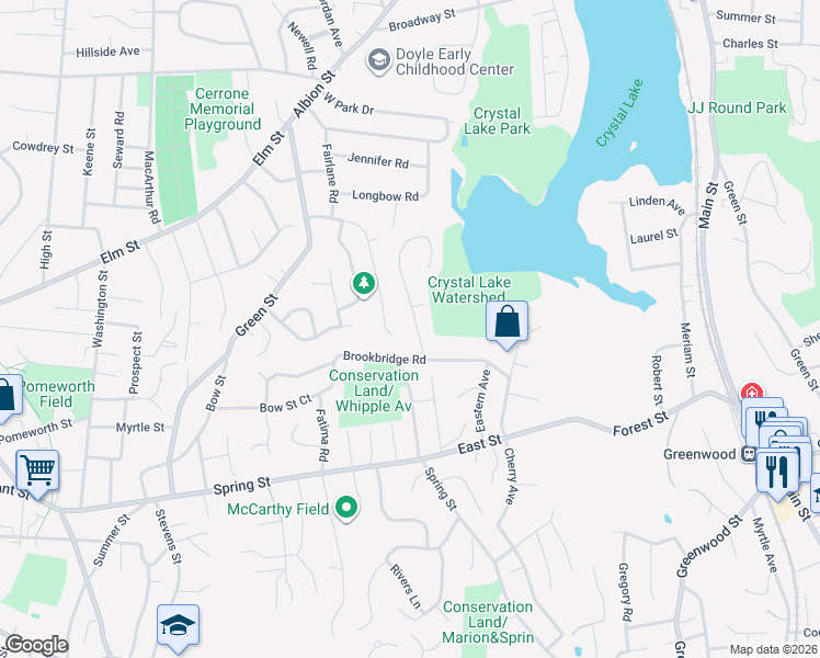 map of restaurants, bars, coffee shops, grocery stores, and more near 4 Hall Road in Stoneham