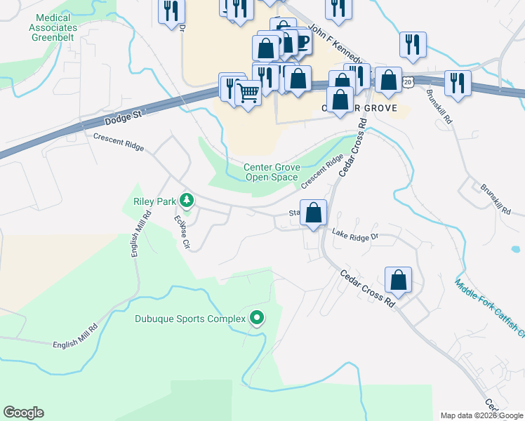 map of restaurants, bars, coffee shops, grocery stores, and more near 3399-3499 Starlite Drive in Dubuque