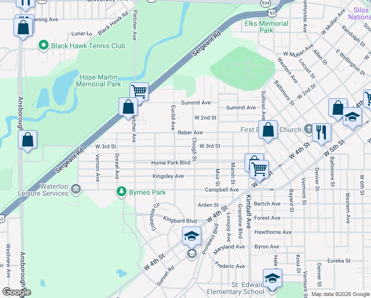 map of restaurants, bars, coffee shops, grocery stores, and more near 512 Home Park Boulevard in Waterloo
