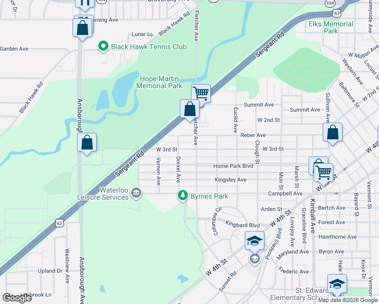 map of restaurants, bars, coffee shops, grocery stores, and more near 736 Home Park Boulevard in Waterloo