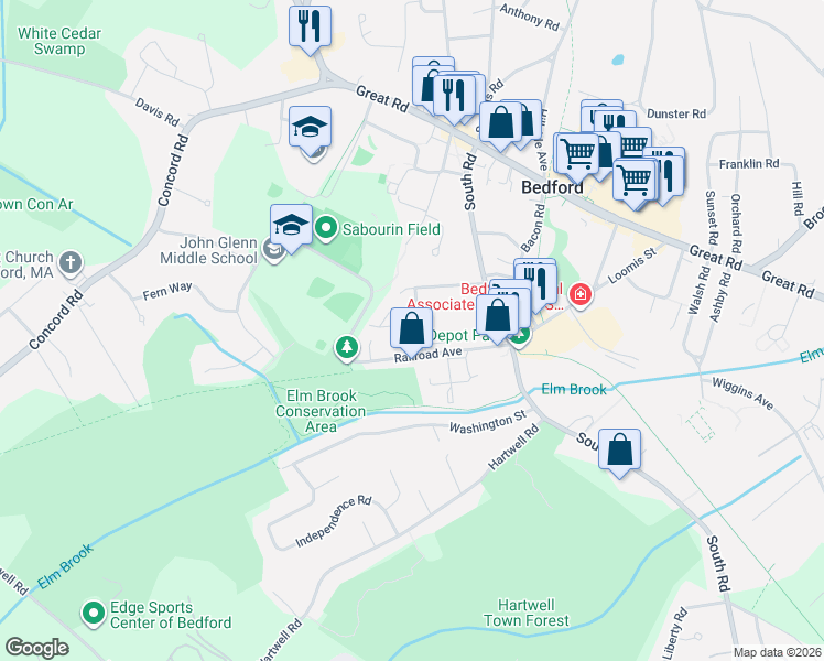 map of restaurants, bars, coffee shops, grocery stores, and more near 19 Railroad Avenue in Bedford