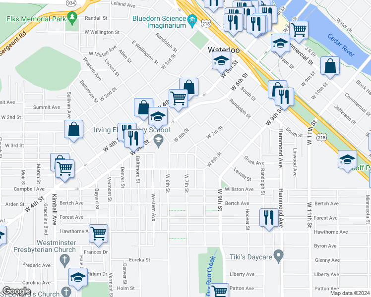 map of restaurants, bars, coffee shops, grocery stores, and more near 1016 West 7th Street in Waterloo