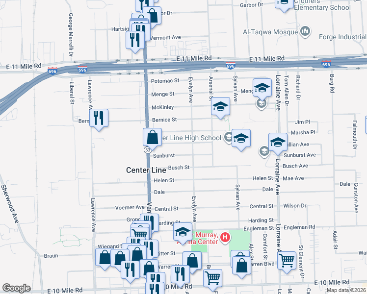 map of restaurants, bars, coffee shops, grocery stores, and more near 8122 Sunburst in Center Line