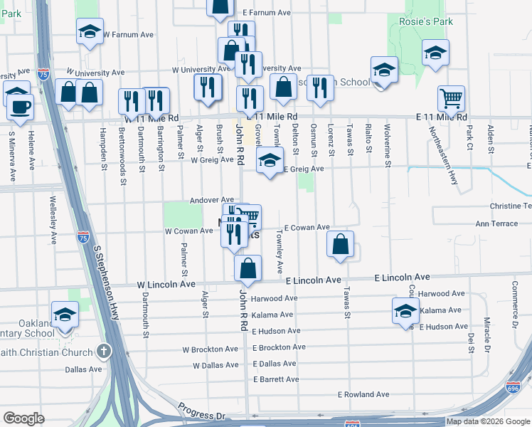 map of restaurants, bars, coffee shops, grocery stores, and more near 26305 Townley Street in Madison Heights