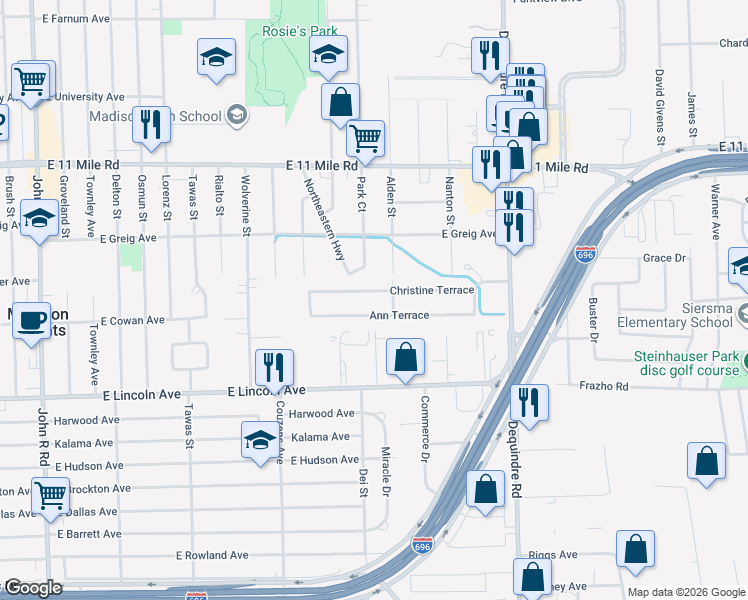 map of restaurants, bars, coffee shops, grocery stores, and more near 1201-1453 Ann Terrace in Madison Heights